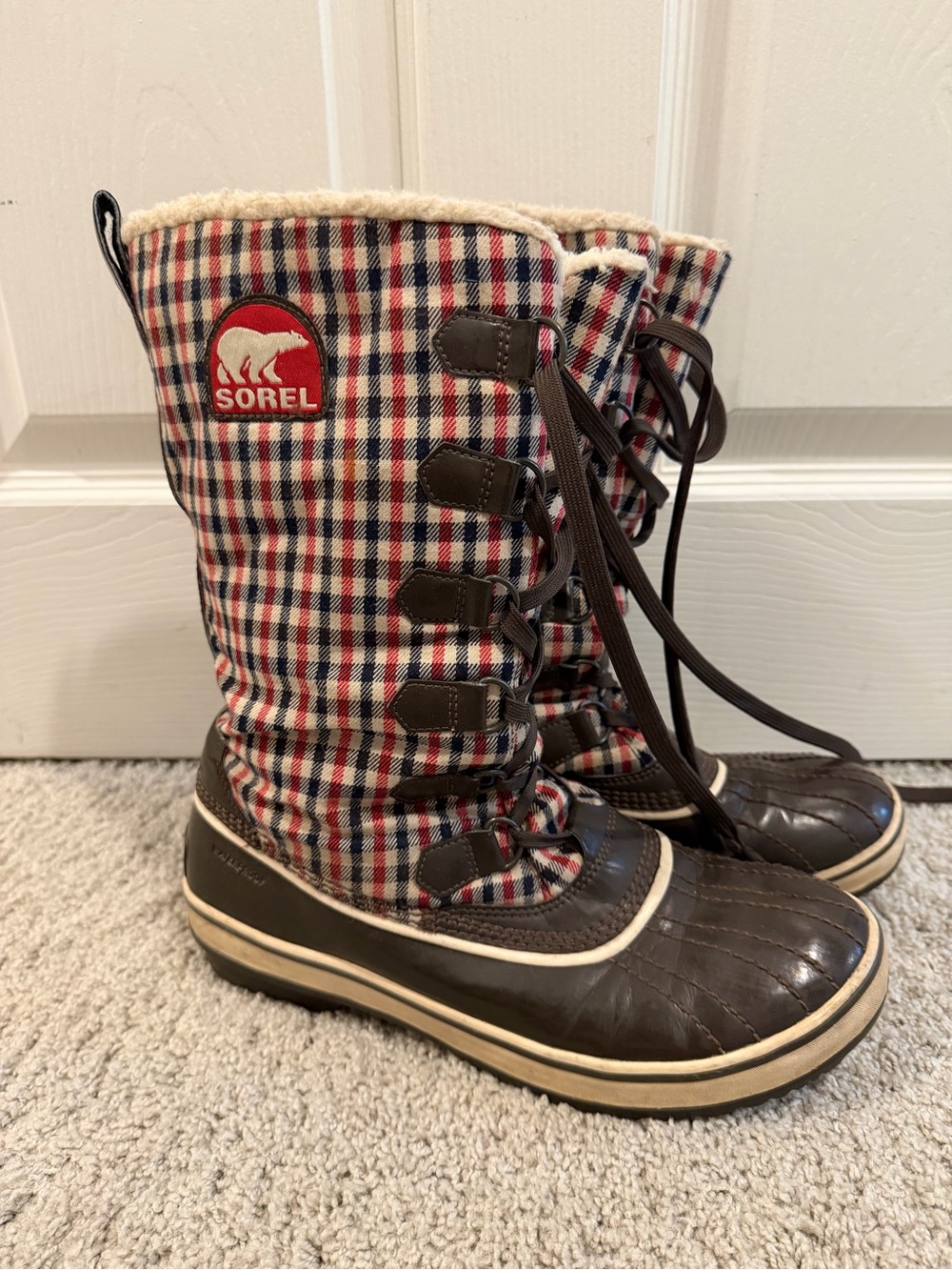 Sorel Joan of Arc Plaid Lace-Up Waterproof Boots - Red, Navy, Brown